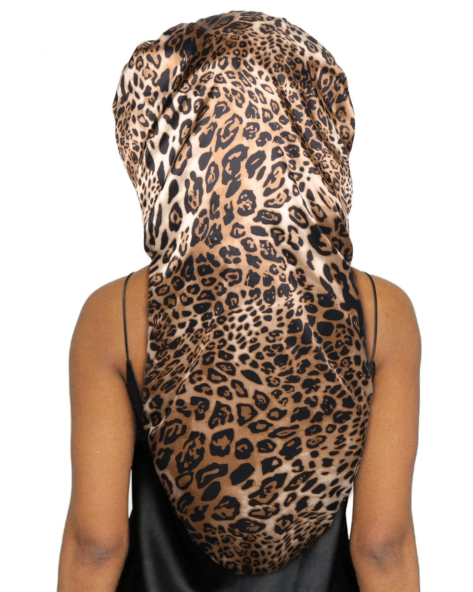 YANIBEST front view leopard long bonnet showing full coverage benefit