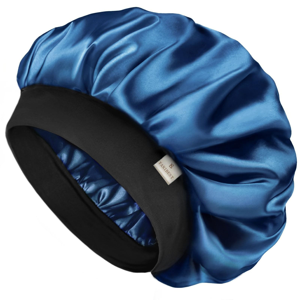 YANIBEST front view navy bonnet showcasing secure fit and smooth satin