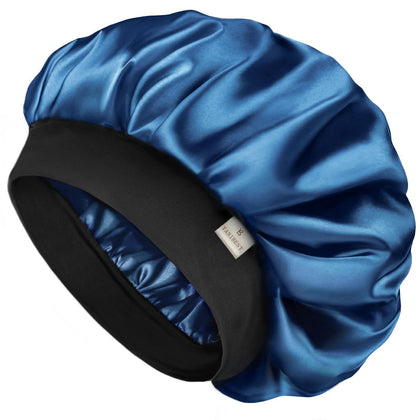 YANIBEST front view navy bonnet showcasing secure fit and smooth satin