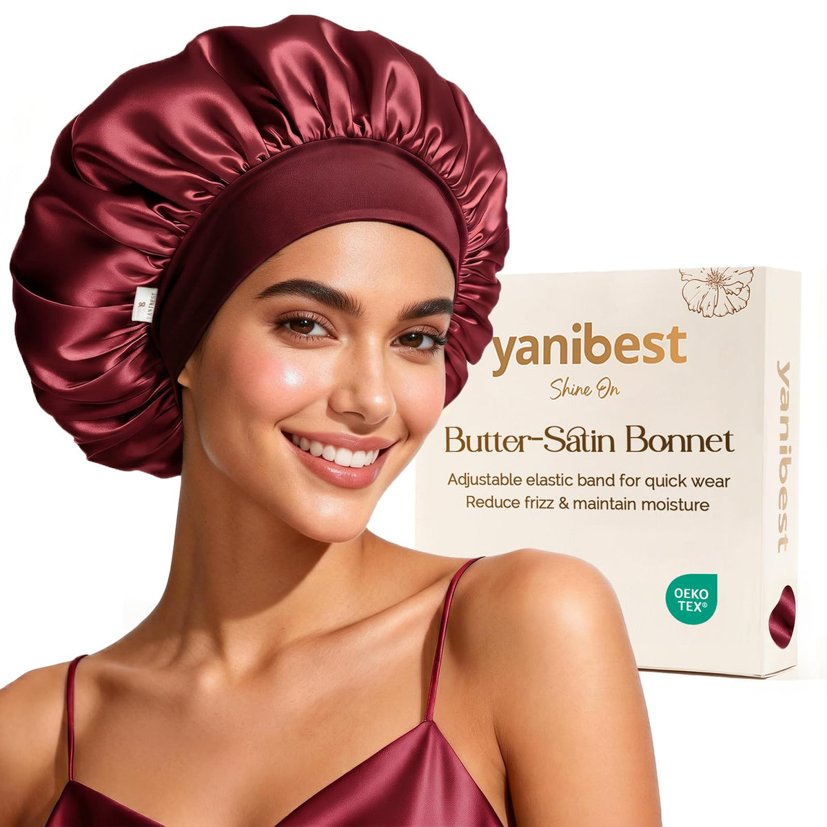 YANIBEST front view of satin bonnet packaging showing product and color benefits