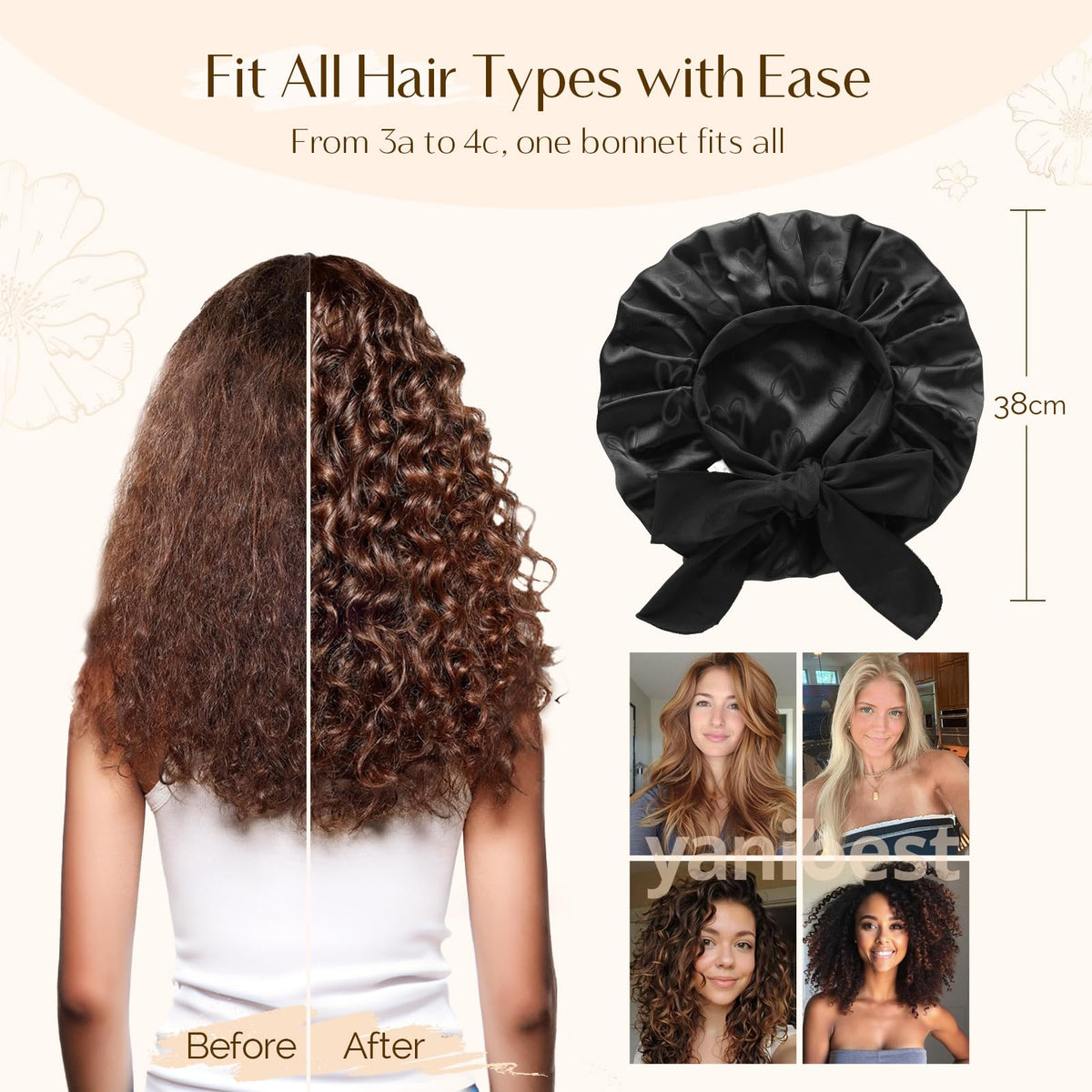 YANIBEST bonnet in use on curly hair showing preserved curl shape