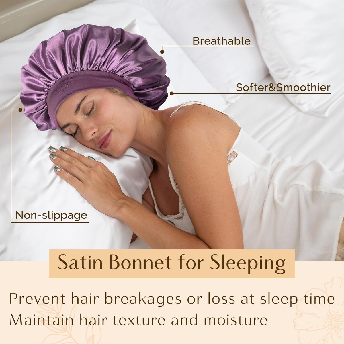 YANIBEST bonnet in use on sleeping model reducing friction and frizz