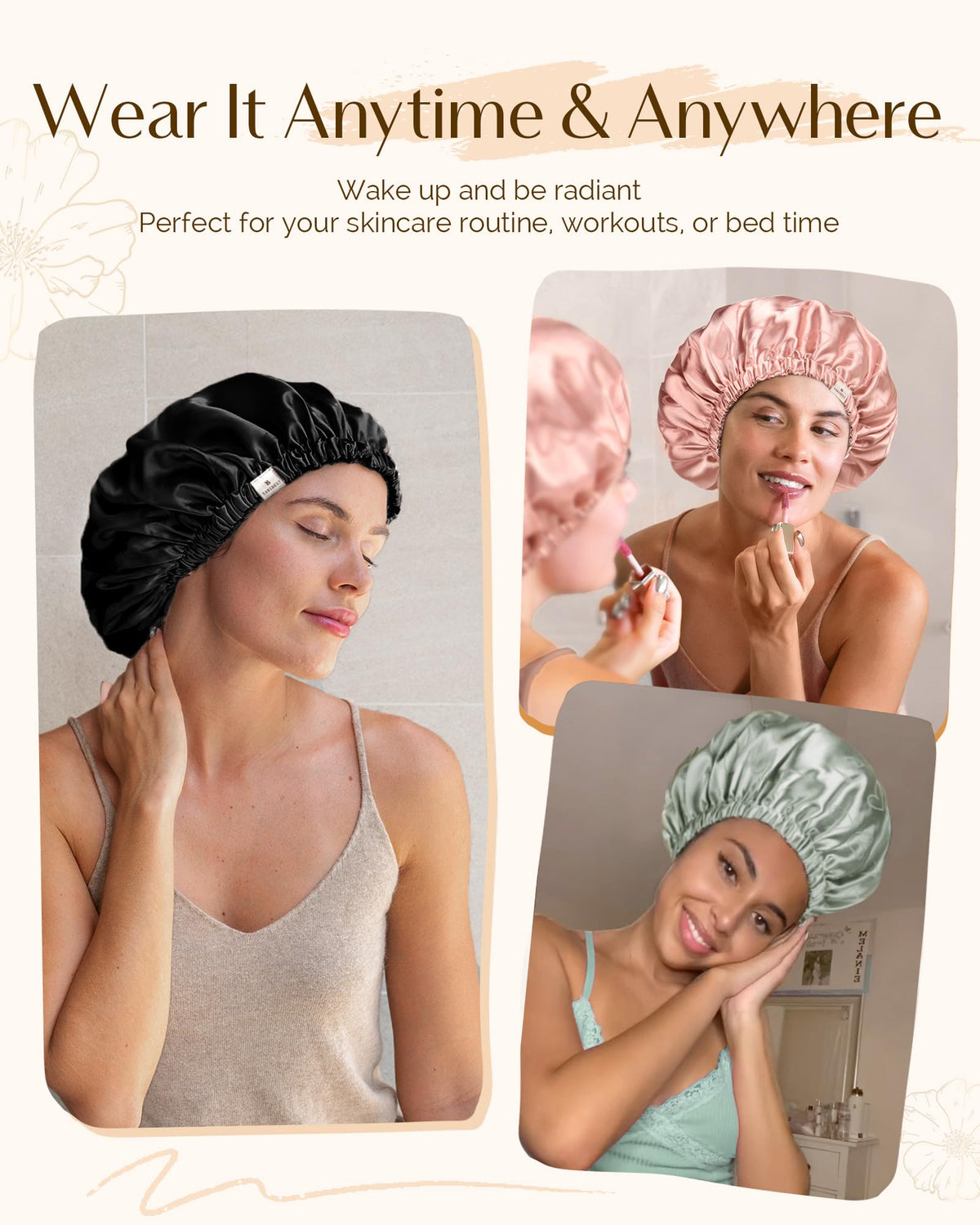 YANIBEST lifestyle image at vanity illustrating bonnet use during skincare