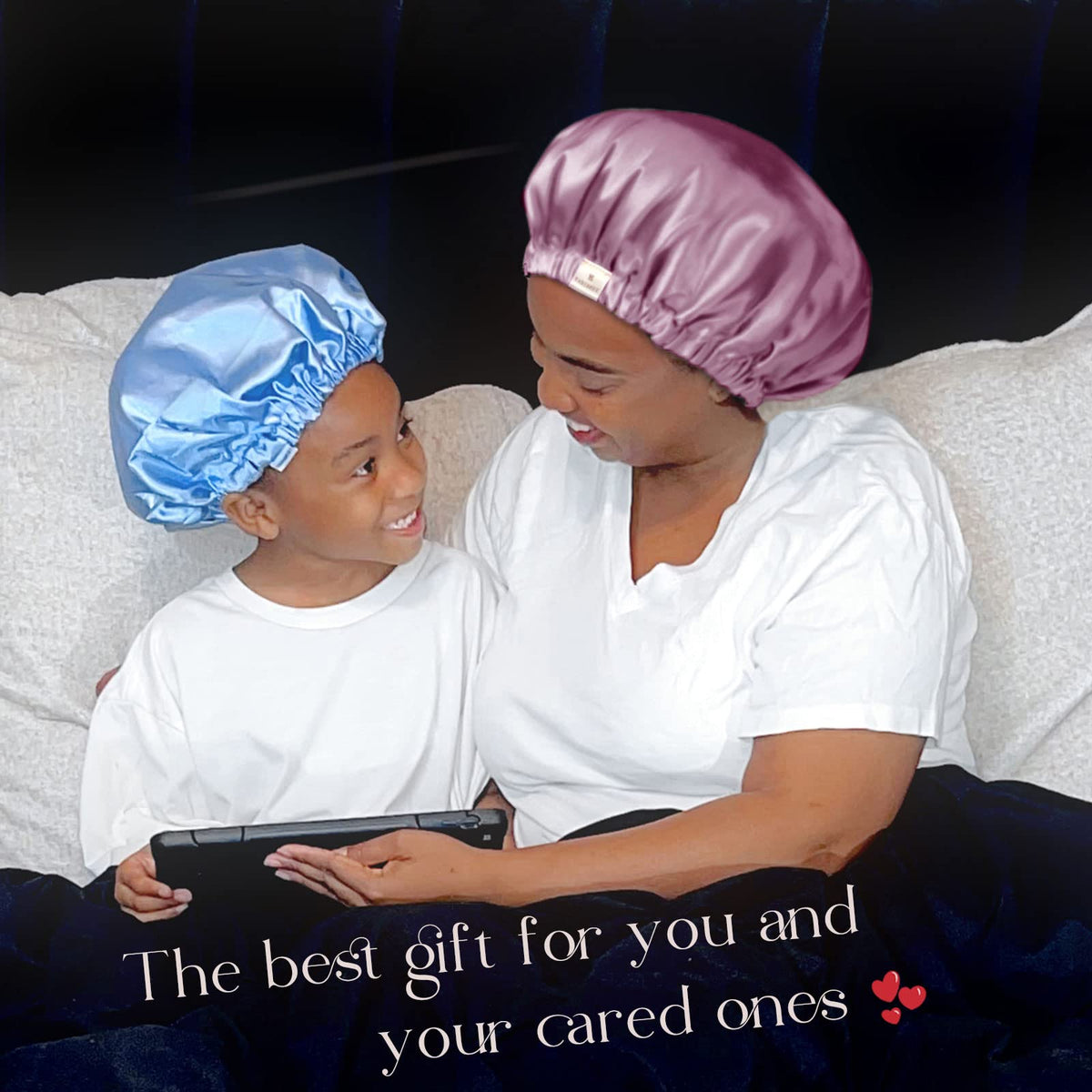 YANIBEST bonnet in a bedroom scene showing comfortable overnight hair care