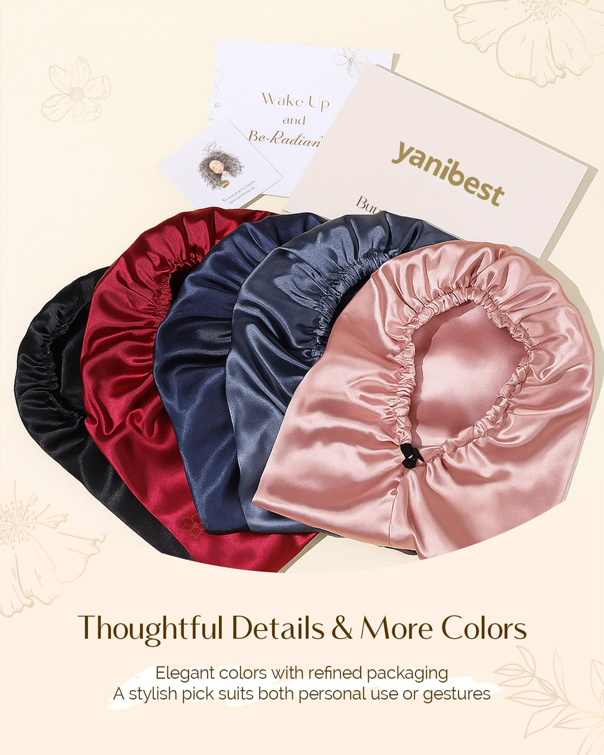 YANIBEST satin bonnet styled on pillow in bedroom setting showing comfortable overnight use