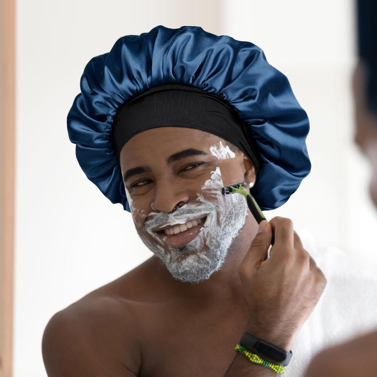 YANIBEST model wearing bonnet while sleeping demonstrating hair protection