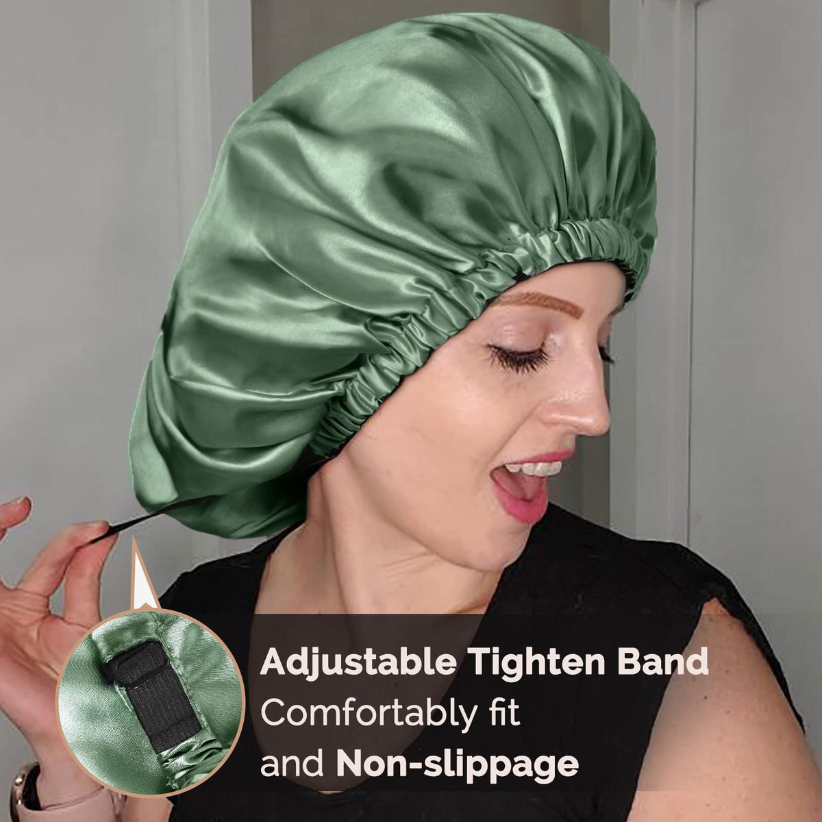 YANIBEST bonnet on model with curly hair preserving curls overnight benefit