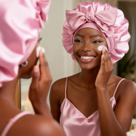 YANIBEST bonnet worn by model during sleep preserves curls and styles