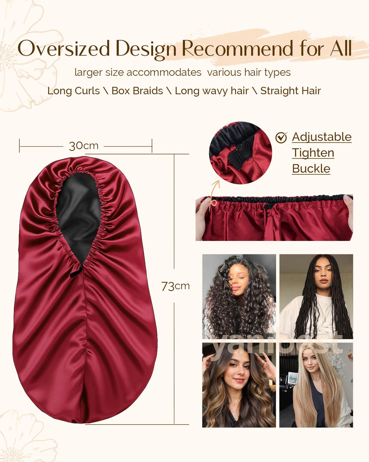 YANIBEST roomy interior of bonnet accommodating long braids and voluminous curls