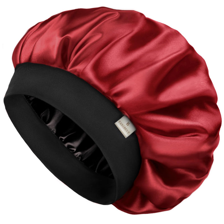 YANIBEST wine red bonnet front view showing sleek satin and secure fit benefit: protects hair