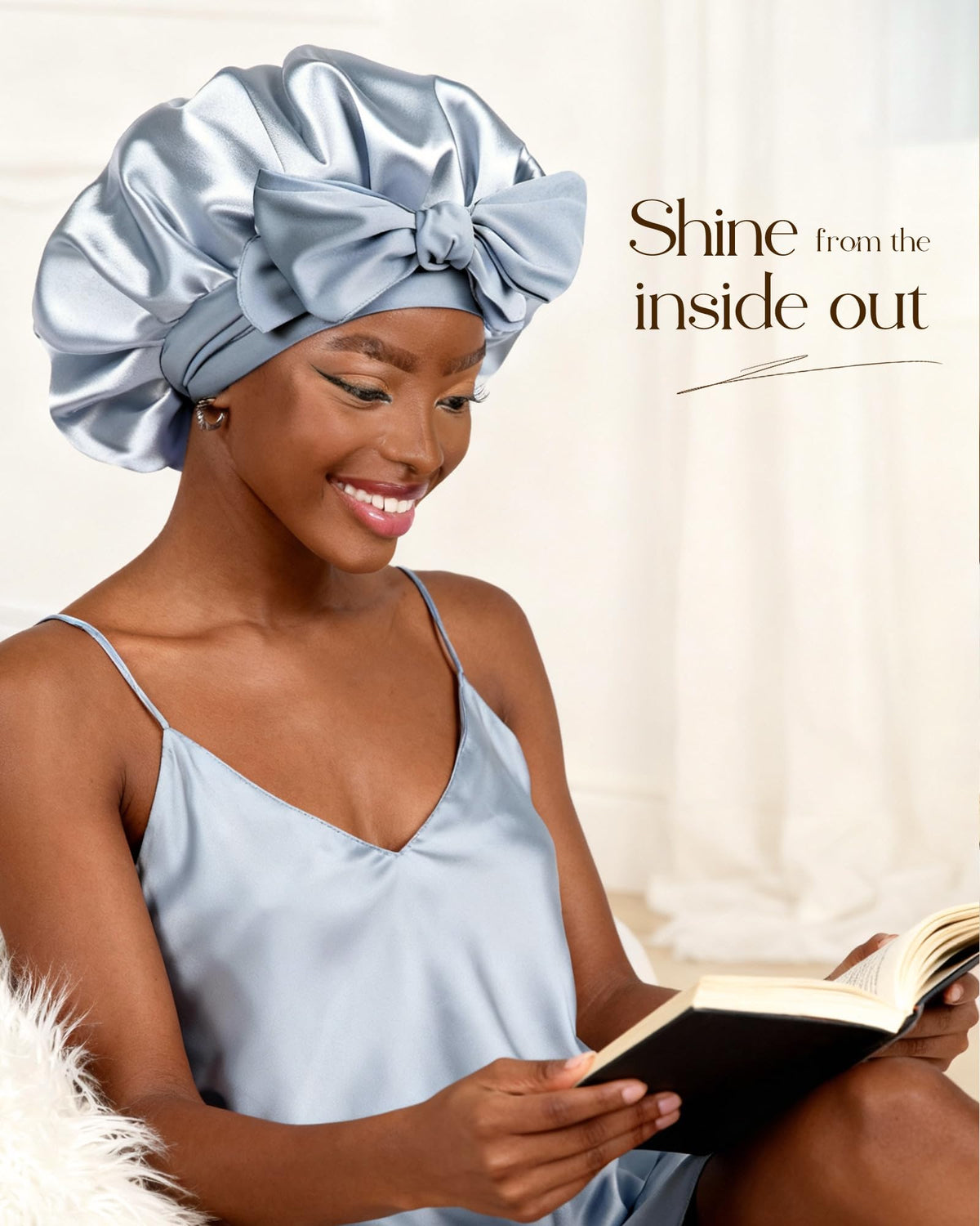 YANIBEST woman wearing bonnet while sleeping preserving curls overnight