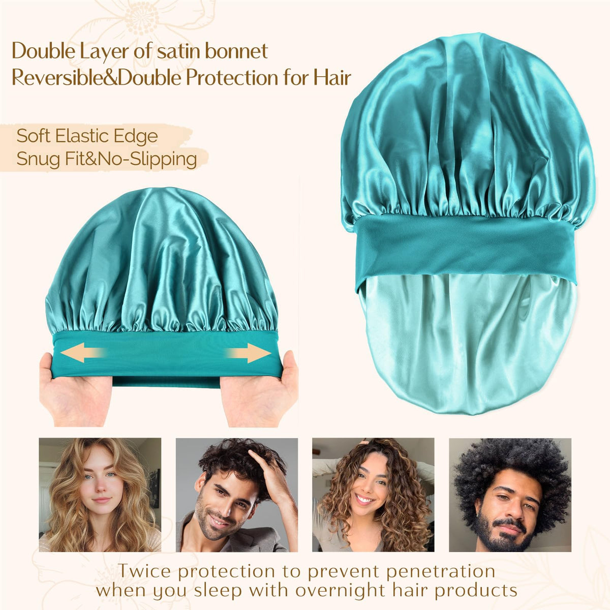 YANIBEST bonnet worn by model with curly hair demonstrating protection benefit