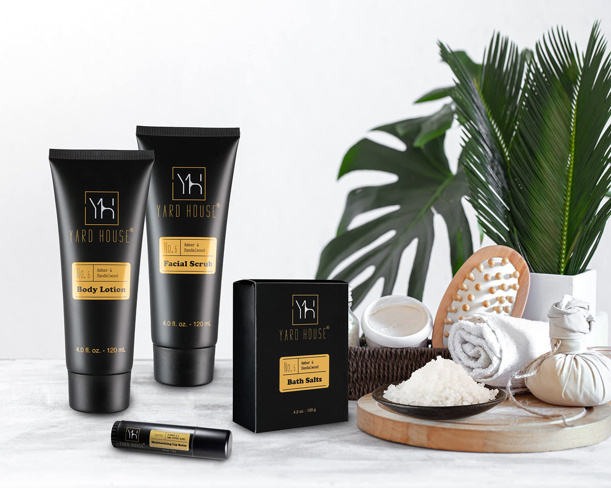 YARD HOUSE bath salts and bubble bath arranged, promotes relaxing soak