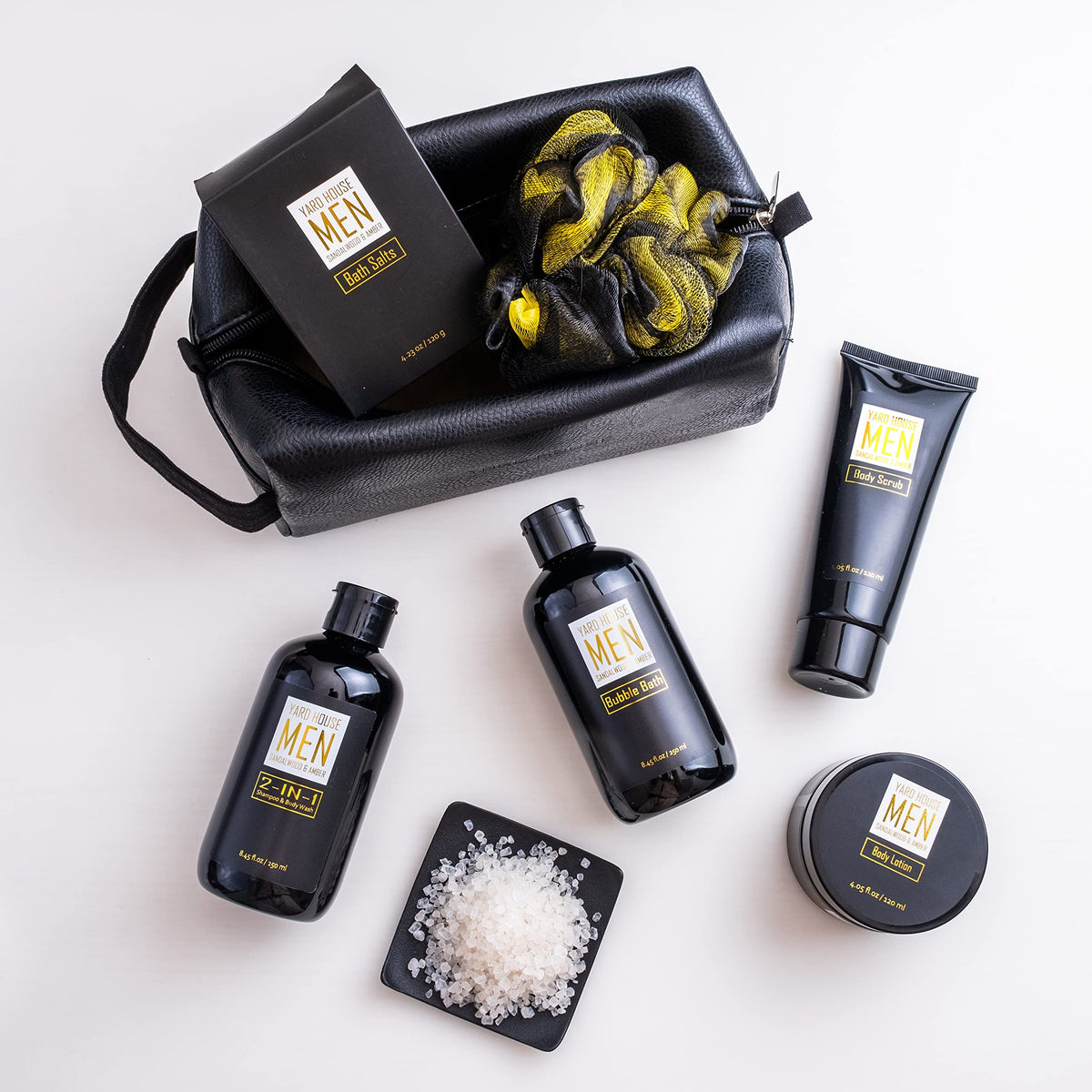 YARD HOUSE bath salts poured into hand illustrating soothing soak and relaxation benefit