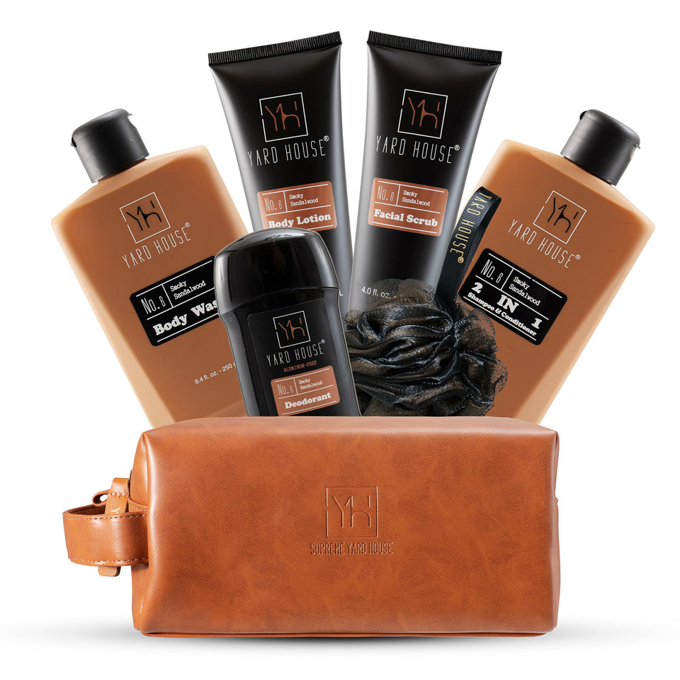 Yard House front packaging displaying full seven-piece kit and smoky sandalwood scent benefits