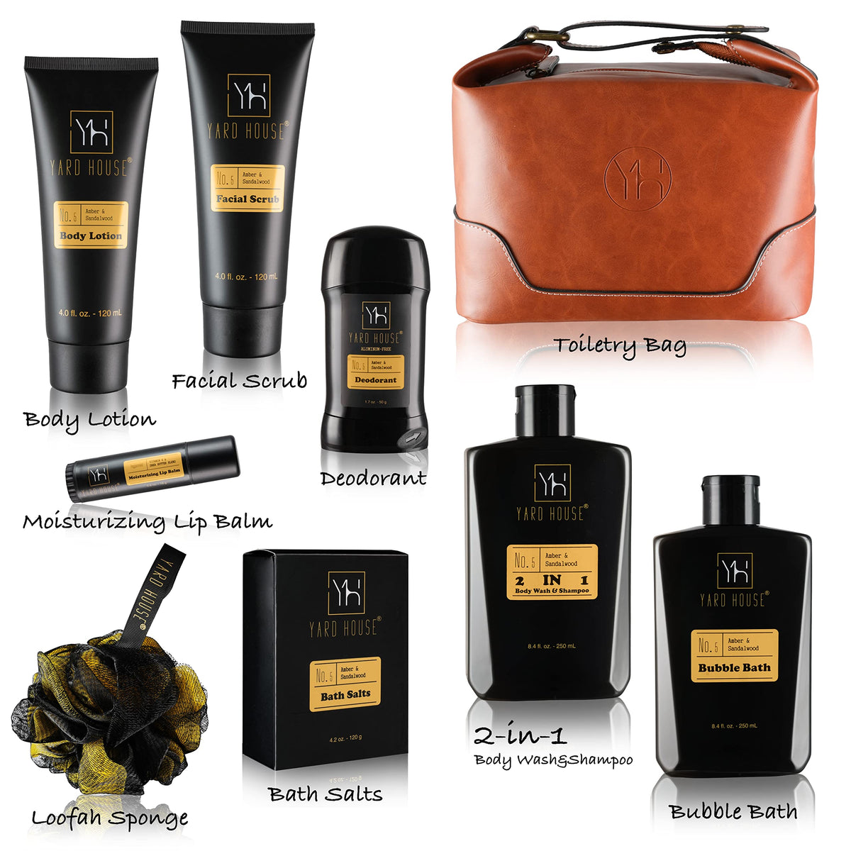 YARD HOUSE leather dopp bag open with items inside, provides organized travel storage