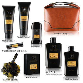 YARD HOUSE leather dopp bag open with items inside, provides organized travel storage