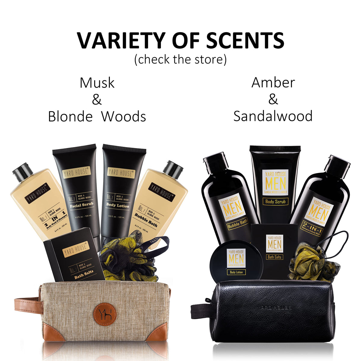 YARD HOUSE loofah beside shampoo and wash displaying cleansing routine convenience