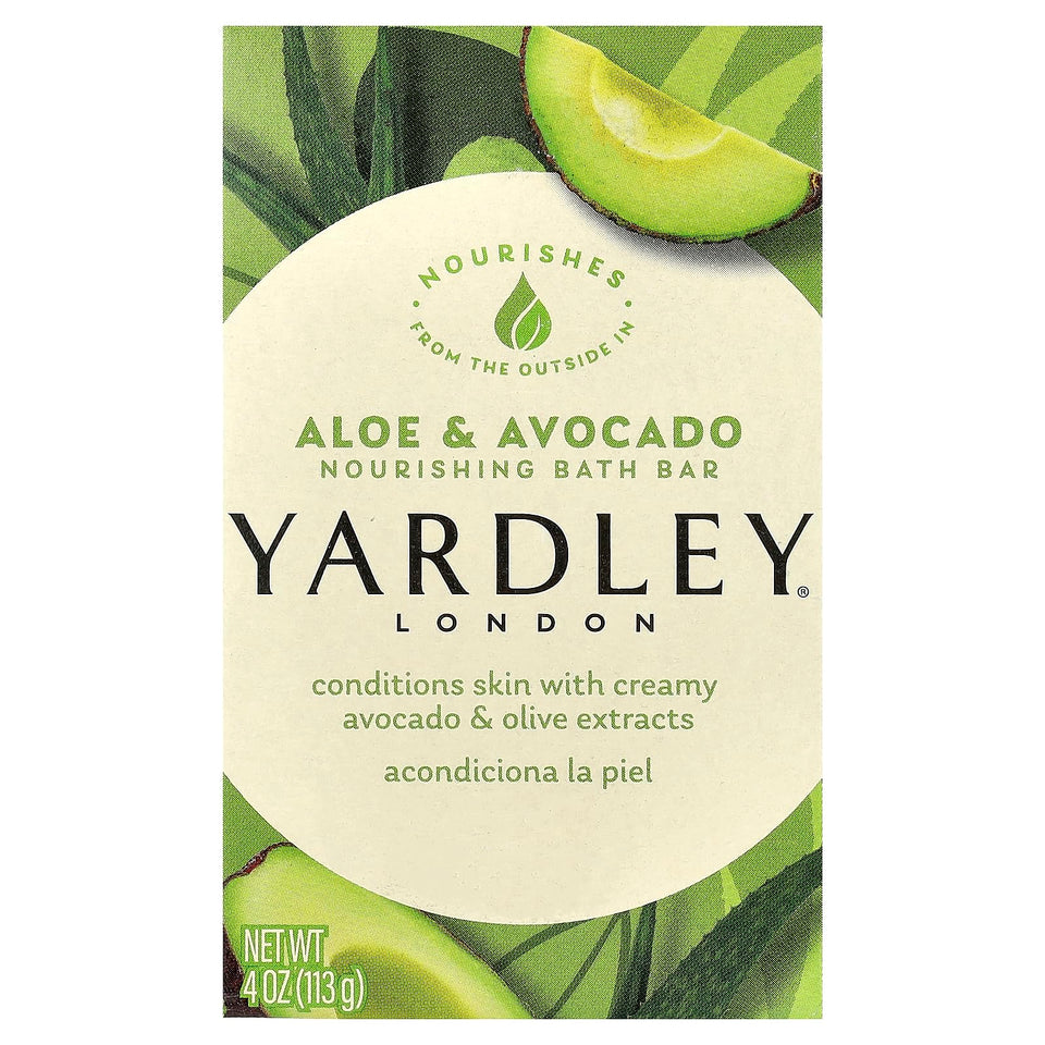 Yardley aloe and avocado front packaging showing six boxed bars and clear branding for convenient stocking