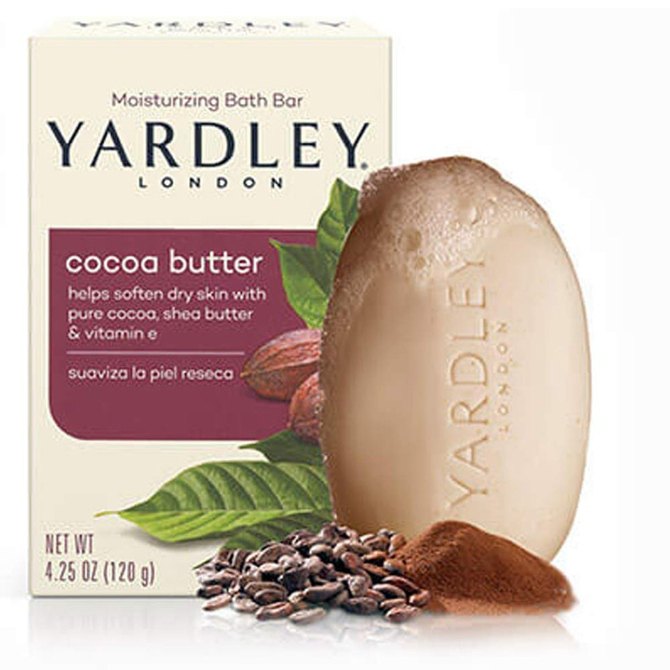 Yardley cocoa butter front packaging shows bar and warm scent benefits