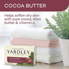 Yardley ingredients label highlighting cocoa butter, shea butter, and no parabens benefit