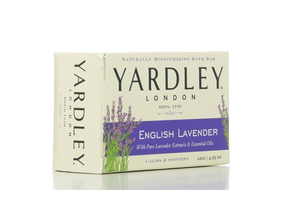Yardley English Lavender front packaging showing seven moisturizing bars and lavender scent