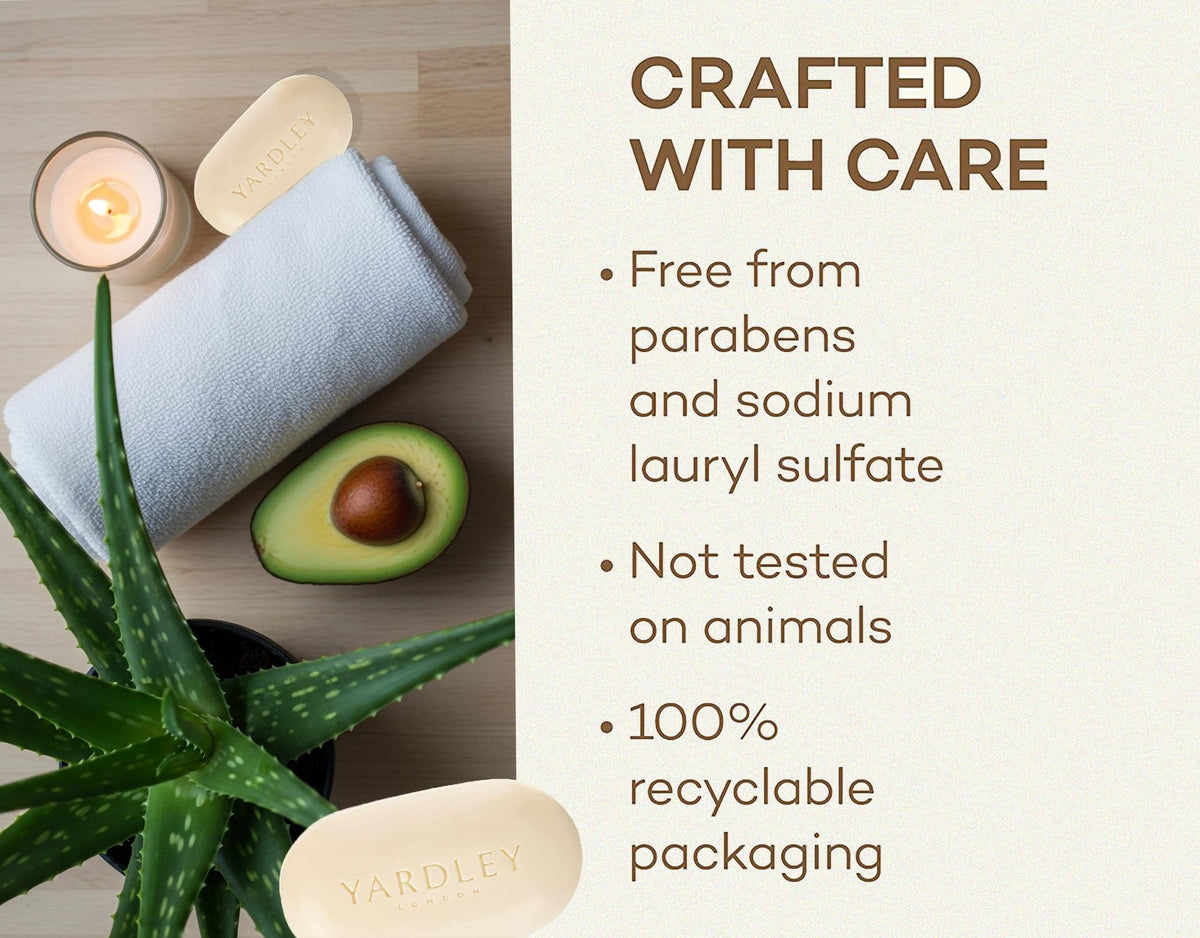 Yardley label and ingredient panel close-up showing formulation benefits and transparency