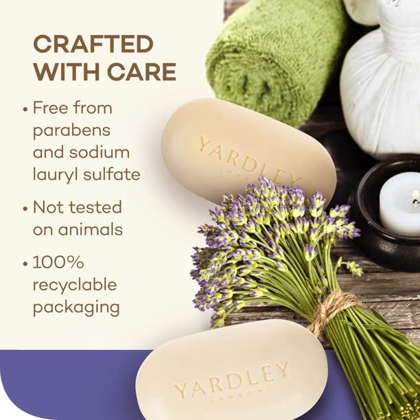 yardley London soap bar resting on a draining dish to preserve bar longevity