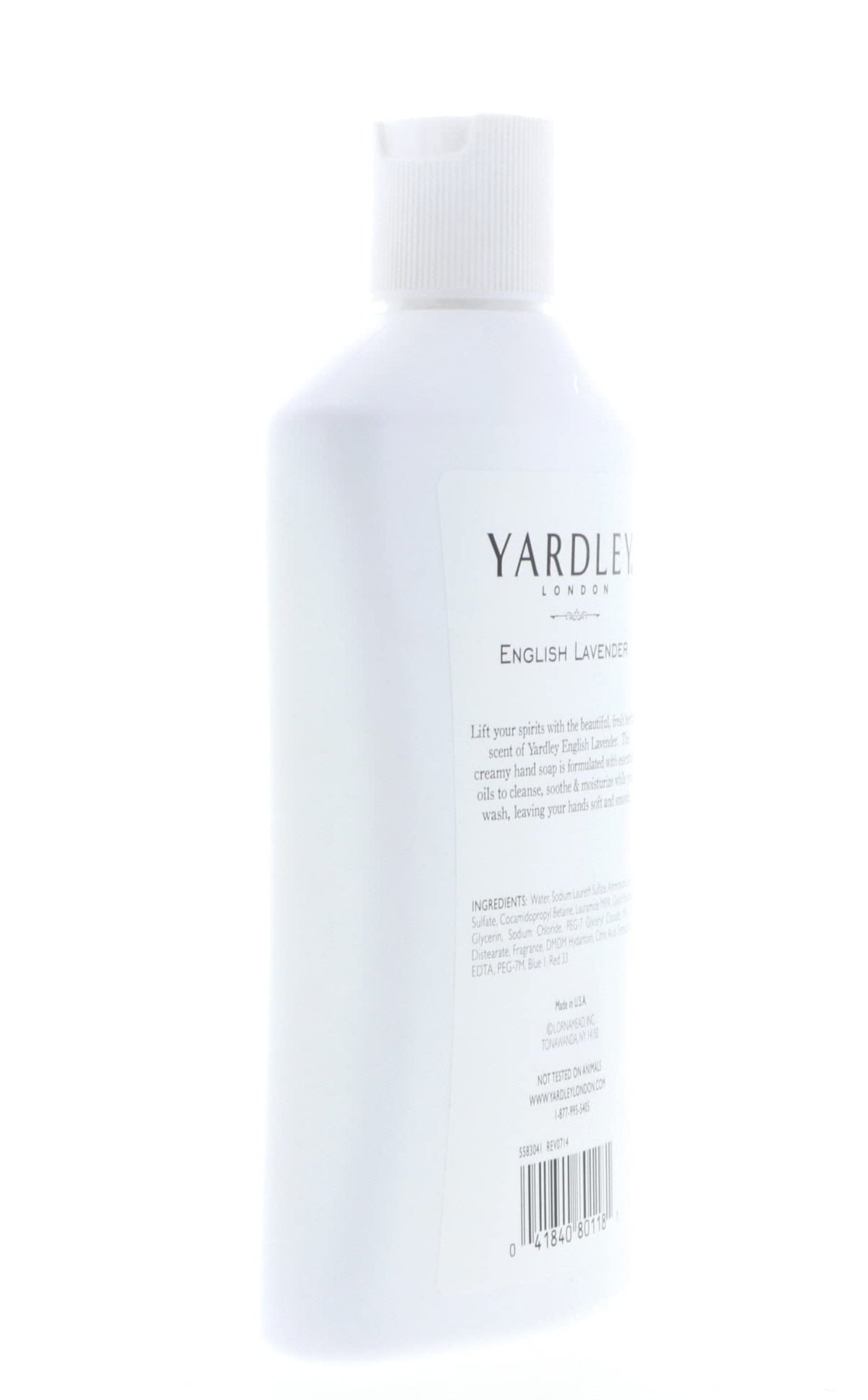 Yardley bottle beside hand showing 16oz scale and long-lasting supply benefit