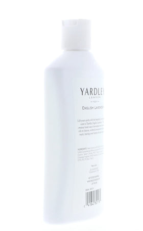 Yardley bottle beside hand showing 16oz scale and long-lasting supply benefit