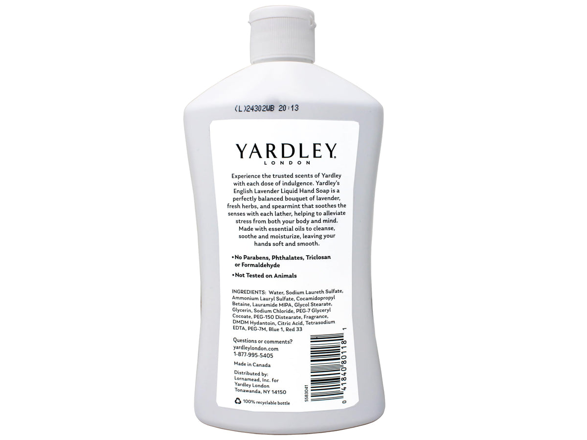 Yardley London bottle next to a hand illustrating bottle size and easy dispensing