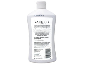 Yardley London bottle next to a hand illustrating bottle size and easy dispensing