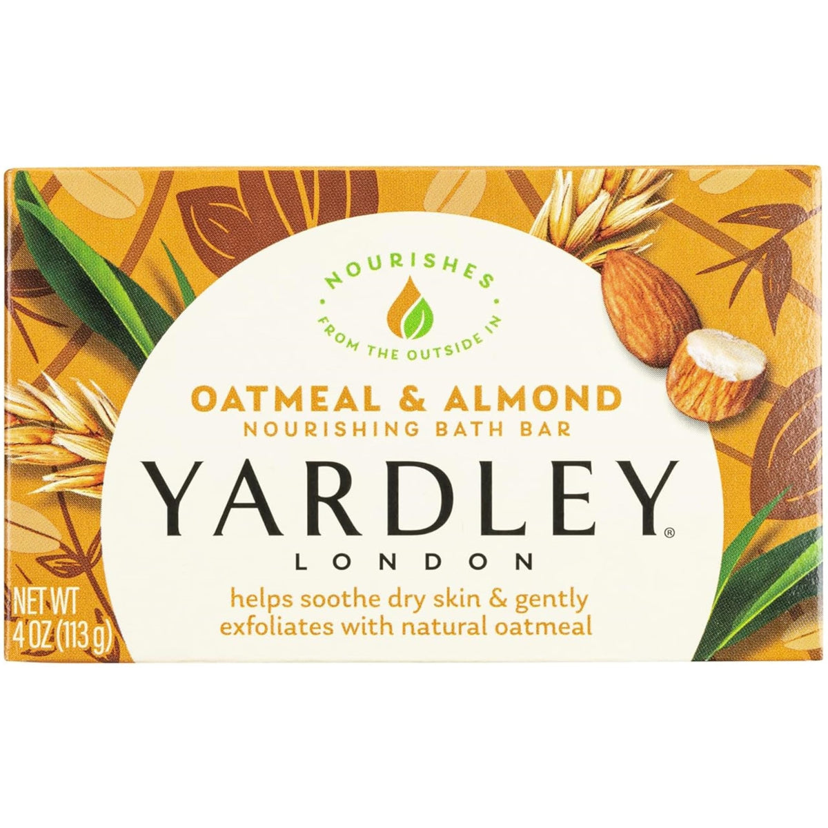 Yardley front packaging showing bar and scent, highlighting natural ingredients and value