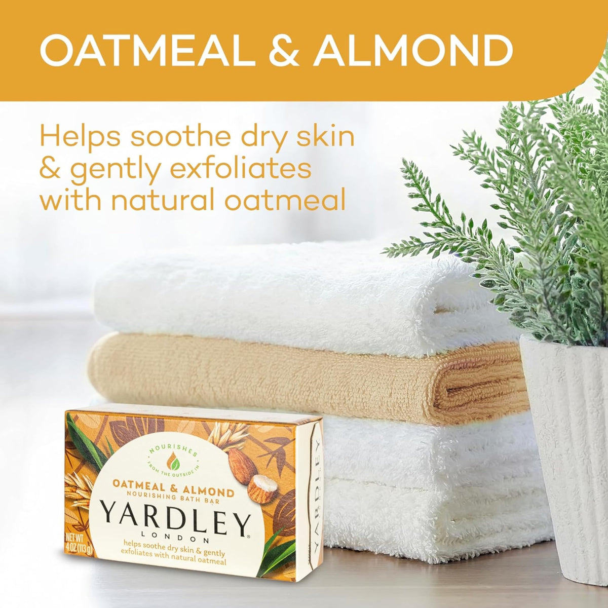 Yardley single bar close-up showing smooth finish and gentle exfoliation benefit