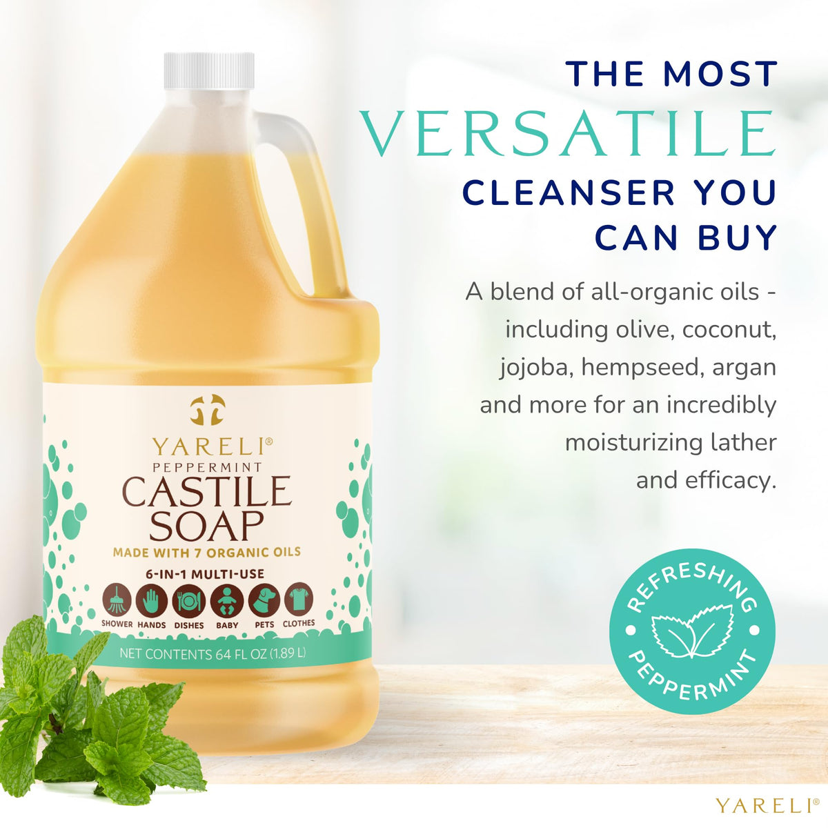 YARELI bottle next to household items shows scale and long-lasting value