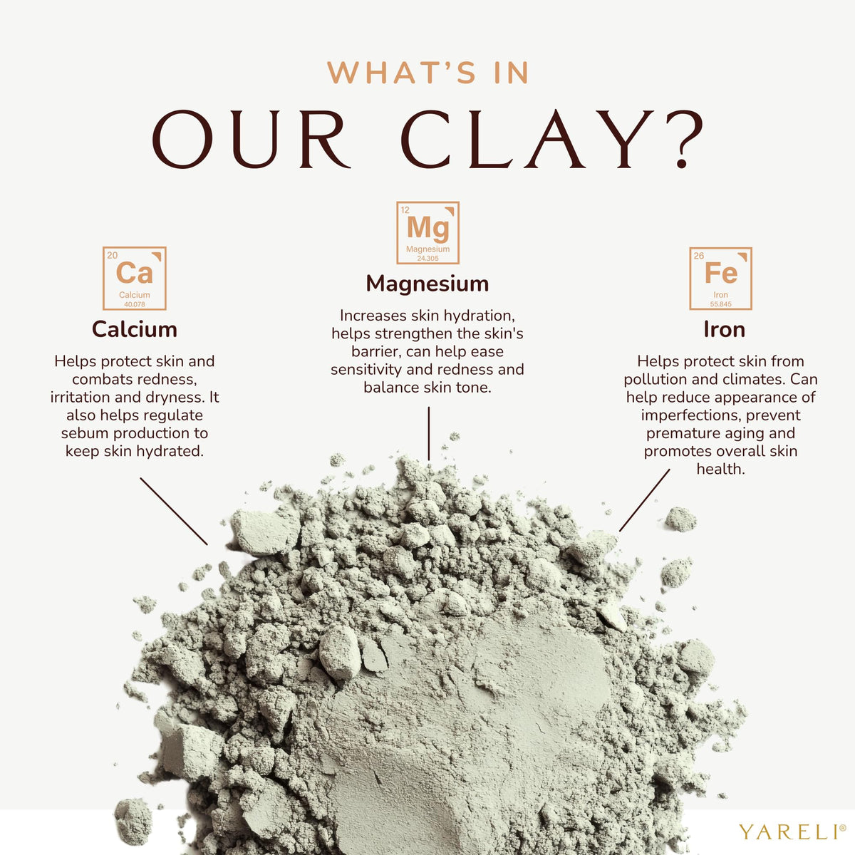 YARELI clay texture close-up highlighting fine powder and mineral feel