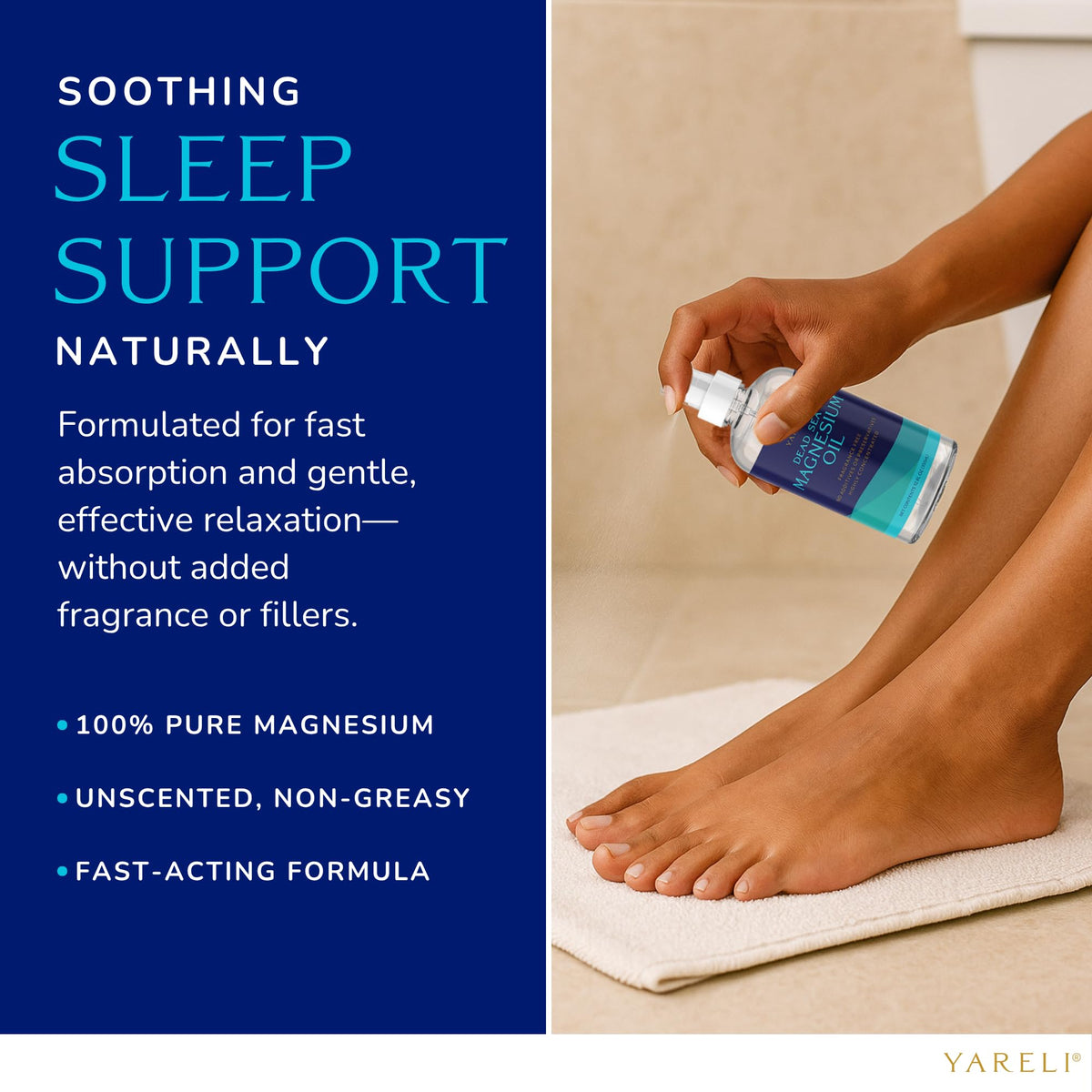 YARELI spray droplets on skin illustrating fast absorption benefit