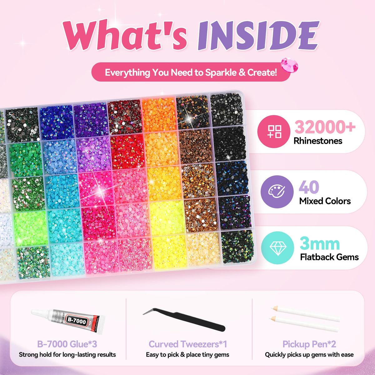 YAZOM compartment close-up revealing neatly separated 3mm jelly rhinestones for easy selection