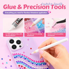 YAZOM tools and B7000 glue displayed with tweezers and pickup pens to speed application