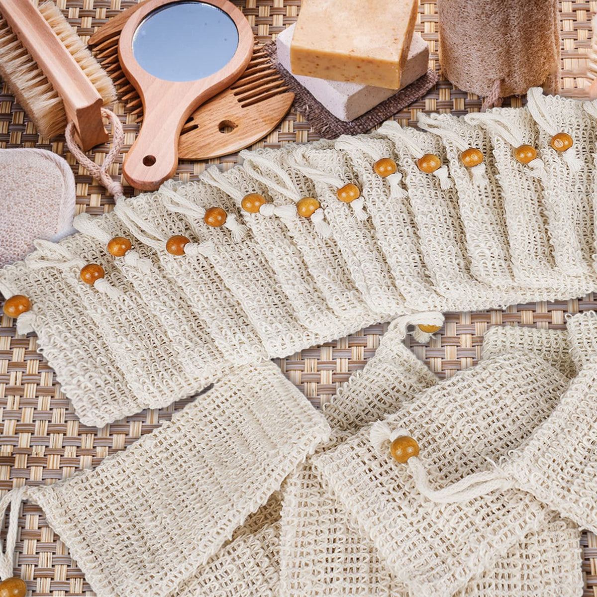 Ycolama soap bag hanging to dry by loop showing long-life benefit