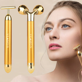 Yeamon golden massager front view showing kit and benefits of easy home facial care