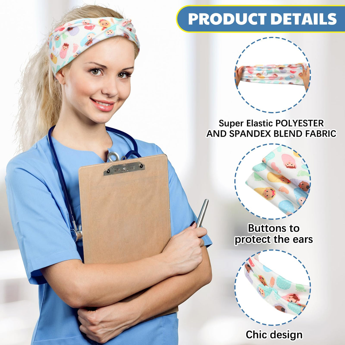 Yearntown headband worn by clinician in delivery room showing secure fit