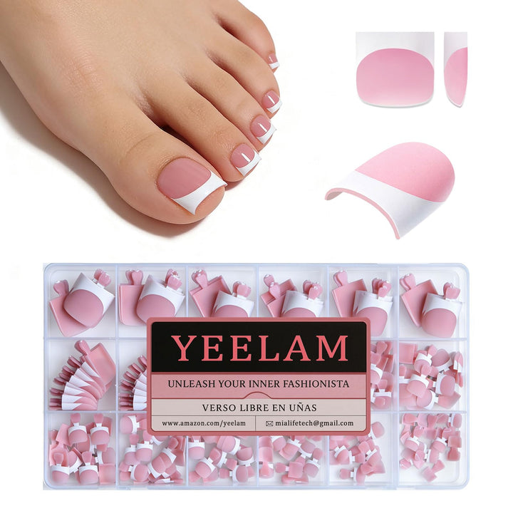 YeeLam front packaging showing 240-piece matte berry pink press-on toenails for value