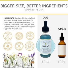 Yellow Bird close-up blue tansy droplets highlighting botanical extract for soothing skin
