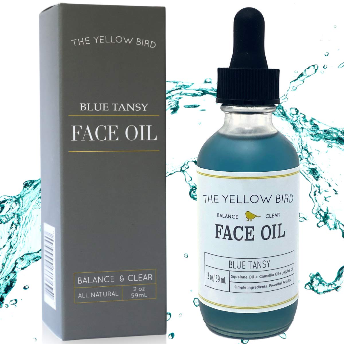 Yellow Bird front bottle view showing clean packaging and calming blue liquid benefit radiance