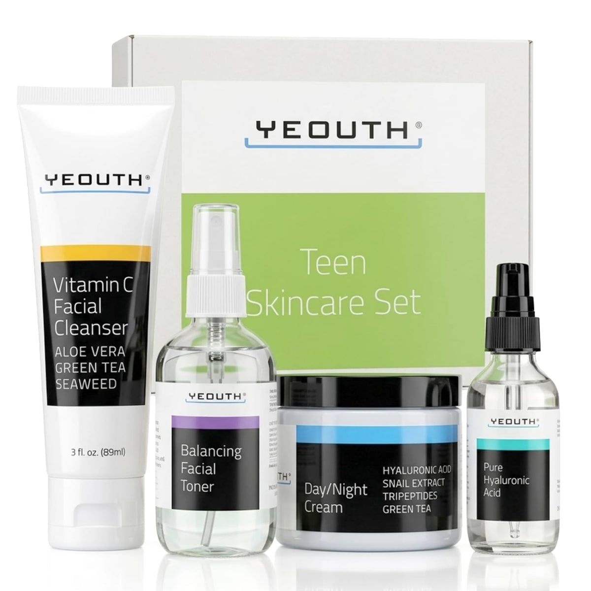 YEOUTH front packaging of 4-piece teen set showing complete routine benefits