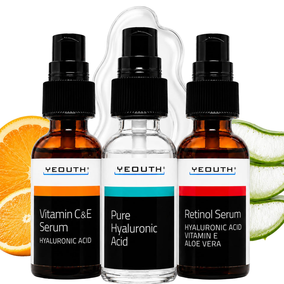 YEOUTH three-serum kit front packaging showing set and benefit of a complete routine