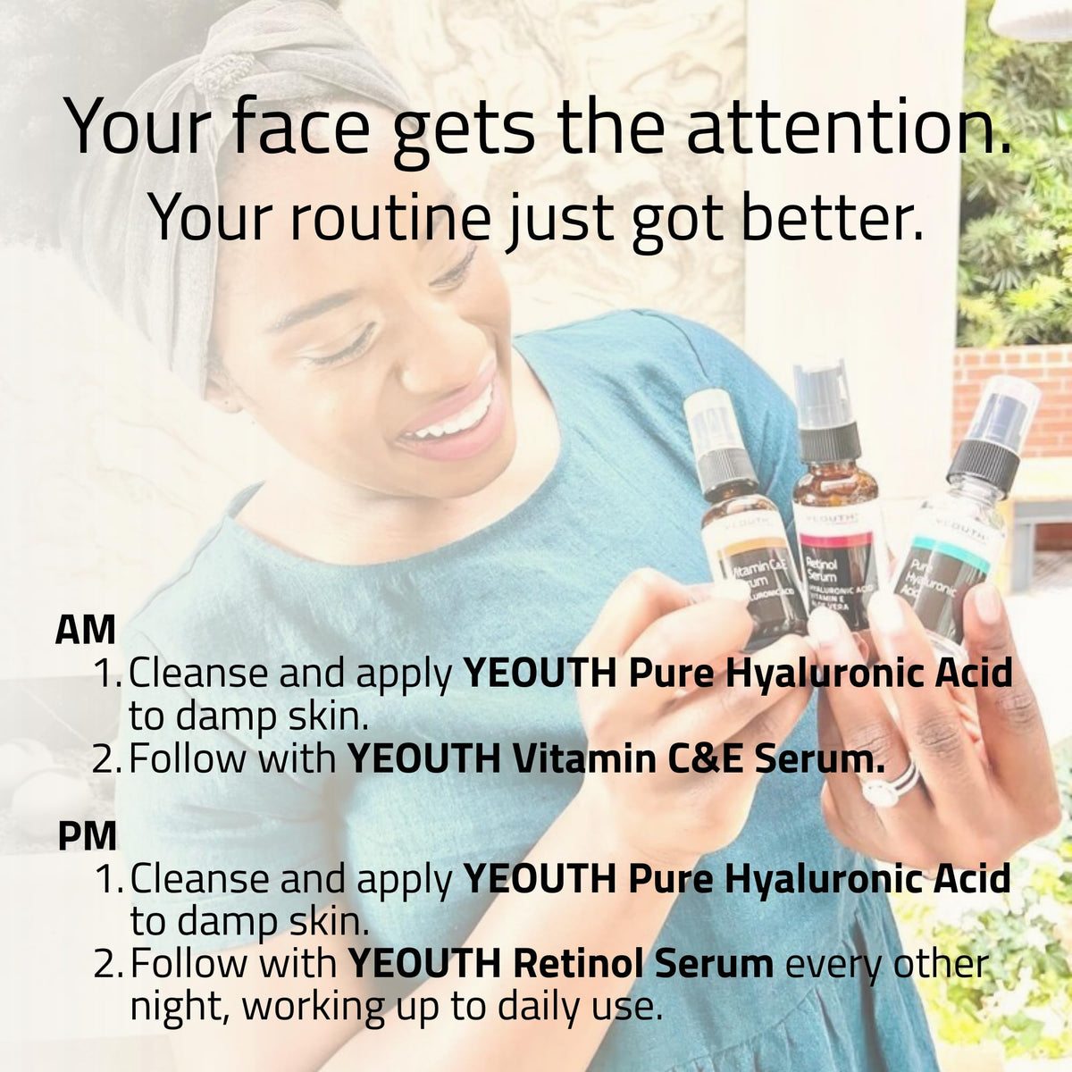 YEOUTH serums on bathroom counter in use suggesting an easy daily skincare ritual