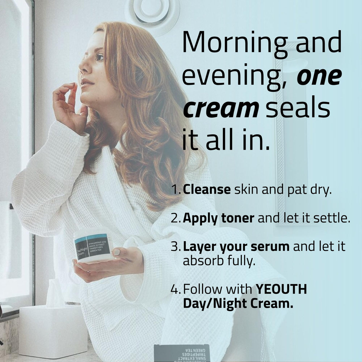 YEOUTH jar beside nighttime skincare items showing suitable evening routine use