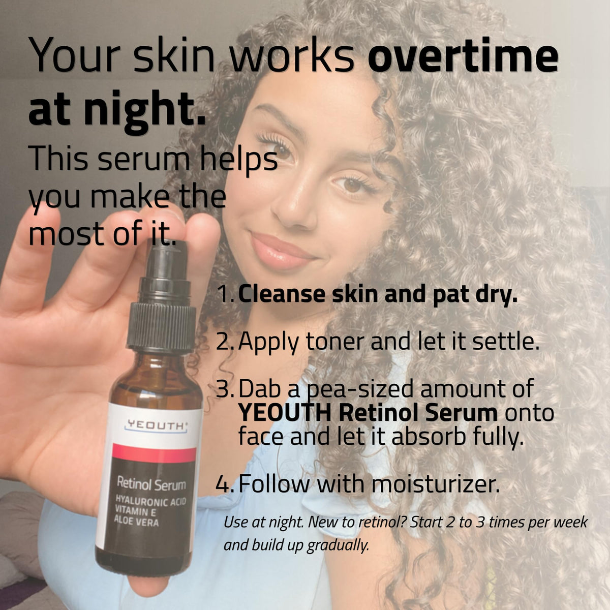 YEOUTH night routine scene with serum by bedside showing ease of evening skincare benefit
